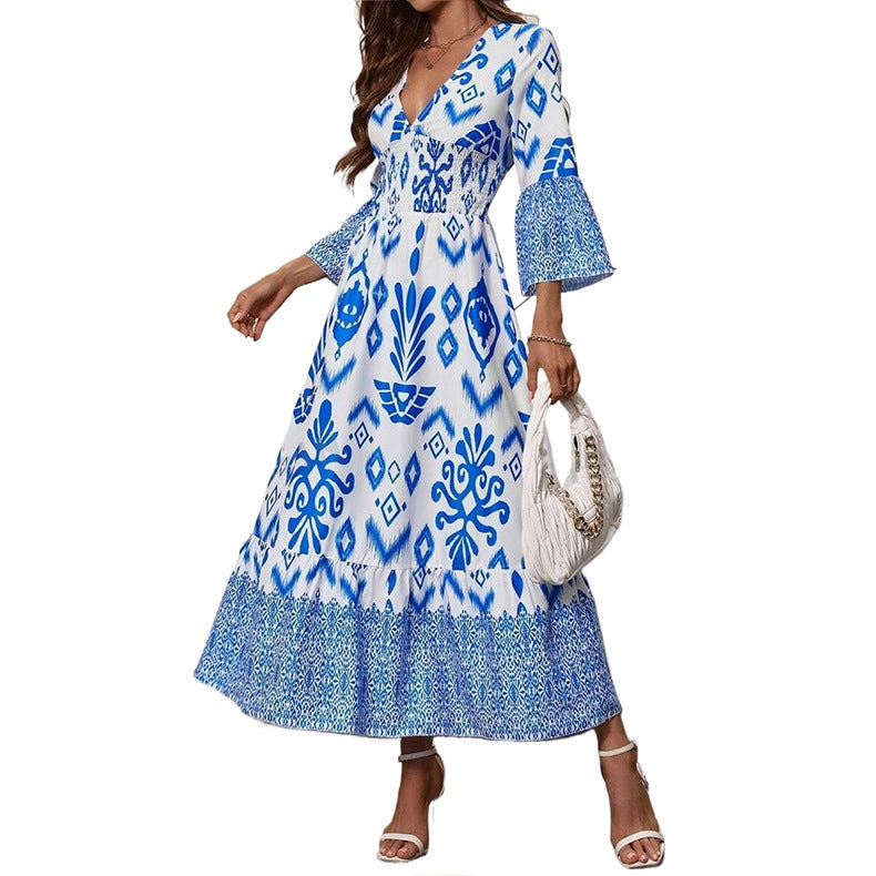 Women's Fashion Printed Casual V-neck Long Dress