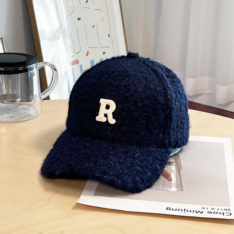 Winter Thick Lambskin Furry Large R Letter Baseball Cap