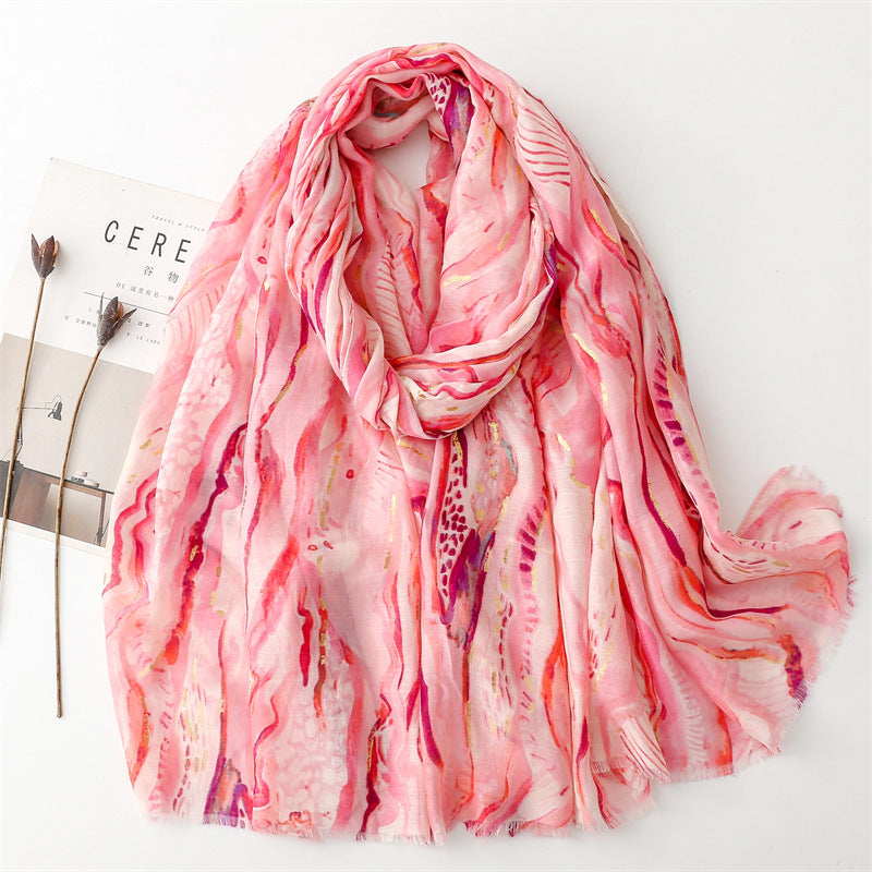 Cotton And Linen Feel Scarf Bronzing Flowing Landscape Scarf