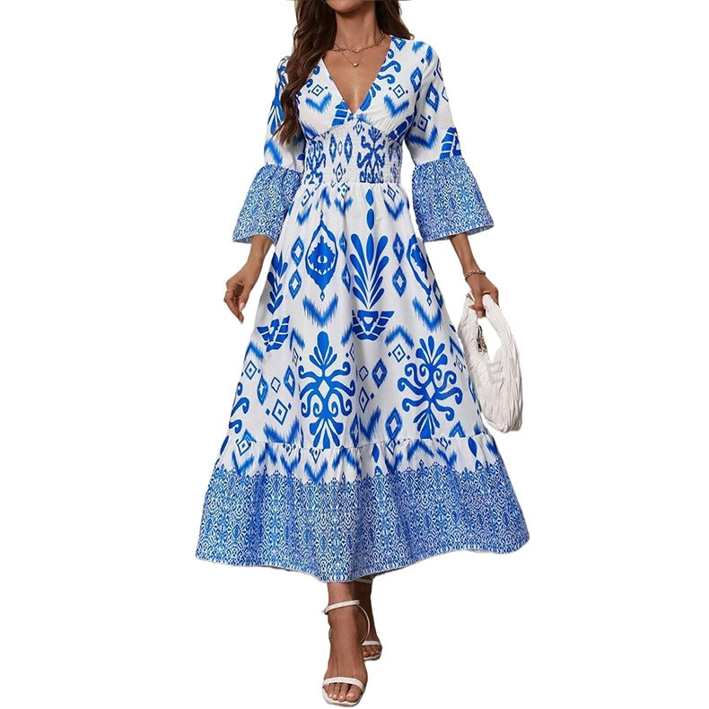 Women's Fashion Printed Casual V-neck Long Dress