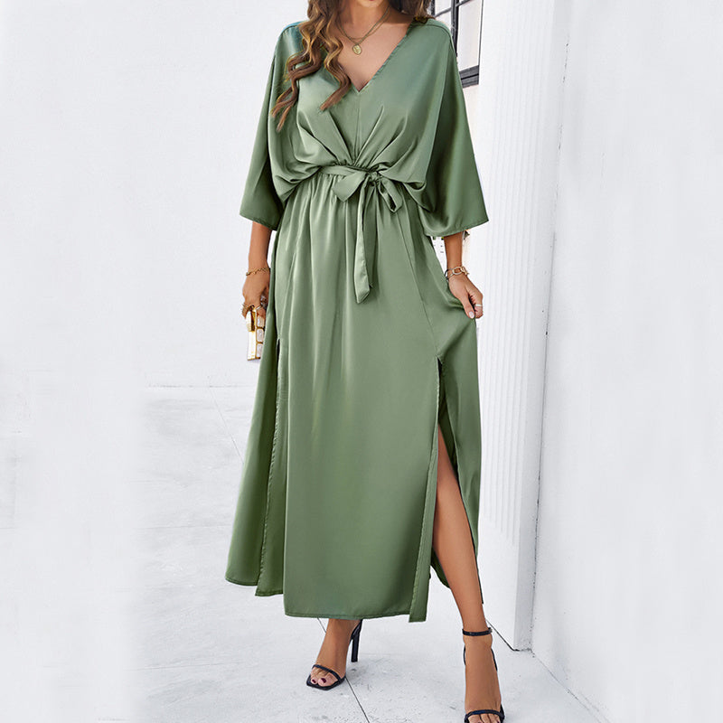 Fashion Bat Sleeve Long-sleeved V-neck Dress With Split Design Temperament Loose High Waist Lace-up Long Dresses Women Clothing