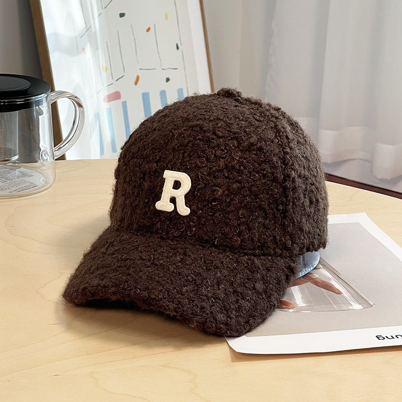 Winter Thick Lambskin Furry Large R Letter Baseball Cap