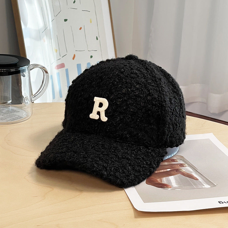 Winter Thick Lambskin Furry Large R Letter Baseball Cap