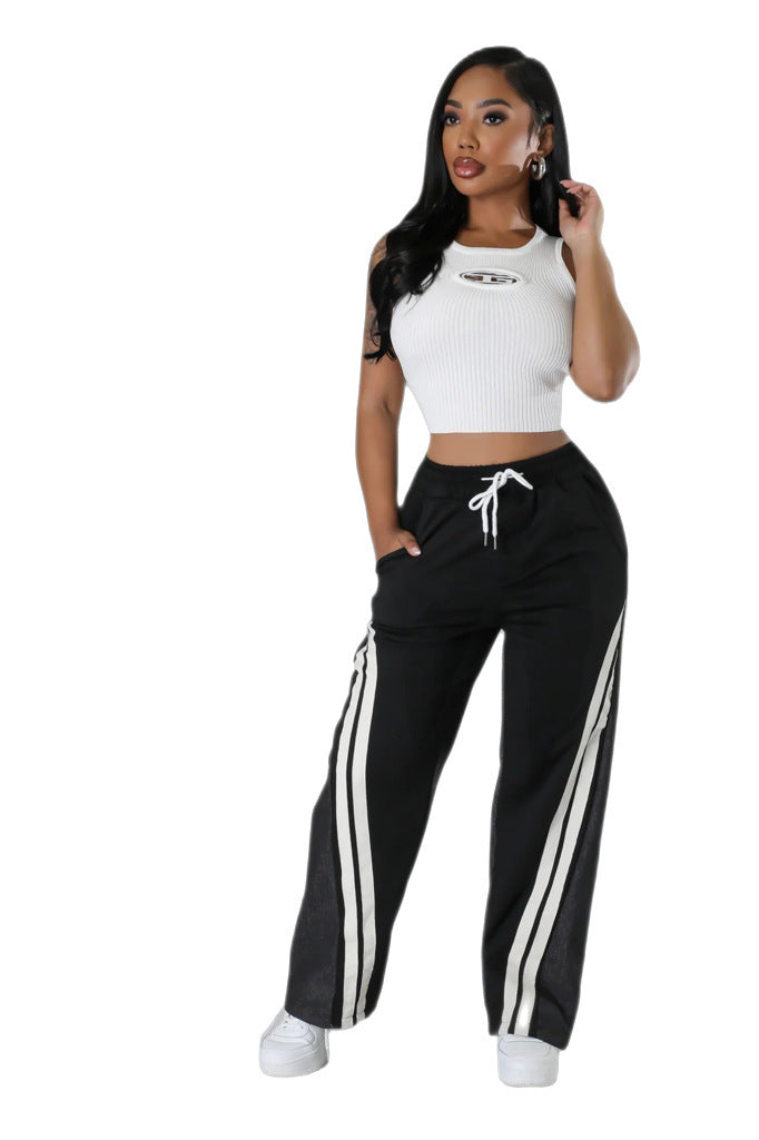 Versatile Contrast Color Diagonal Striped Waist-tight Sweatpants