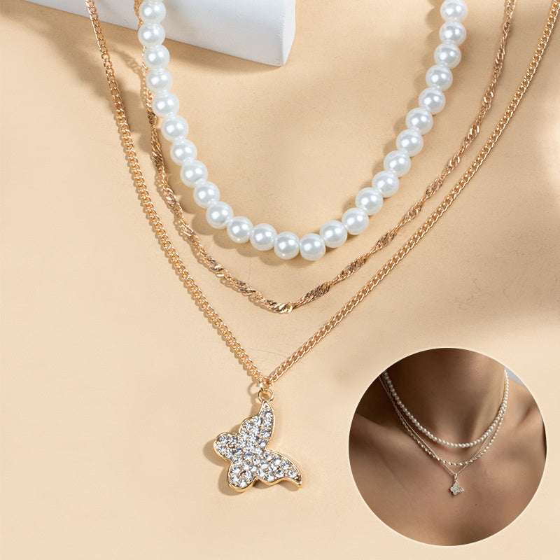 Exquisite Butterfly Multi-layer Pearl Pendant Necklace Set Women Shining Temperament Girlfriend Party Gift Fashion Jewelry