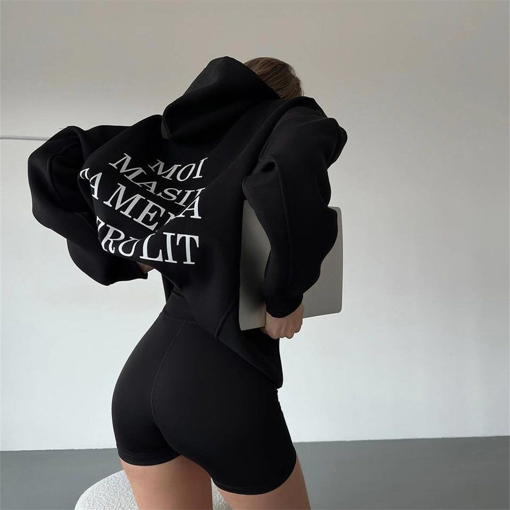 Mid-length Letter Printing Contrast Color Hooded Sweatshirt