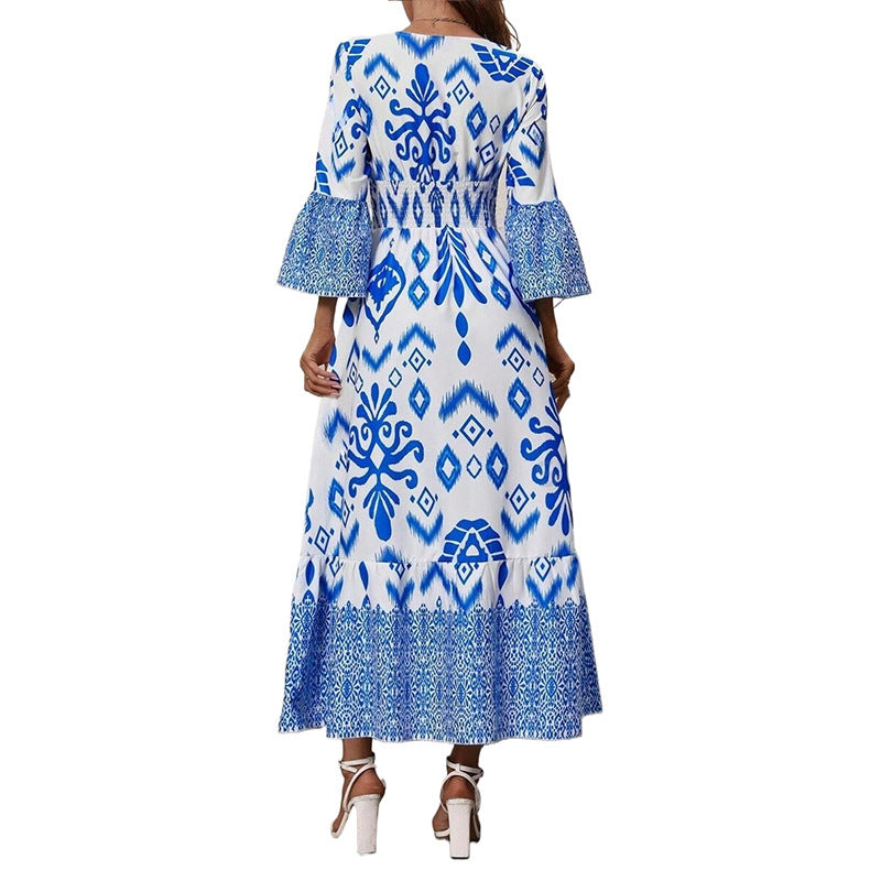 Women's Fashion Printed Casual V-neck Long Dress