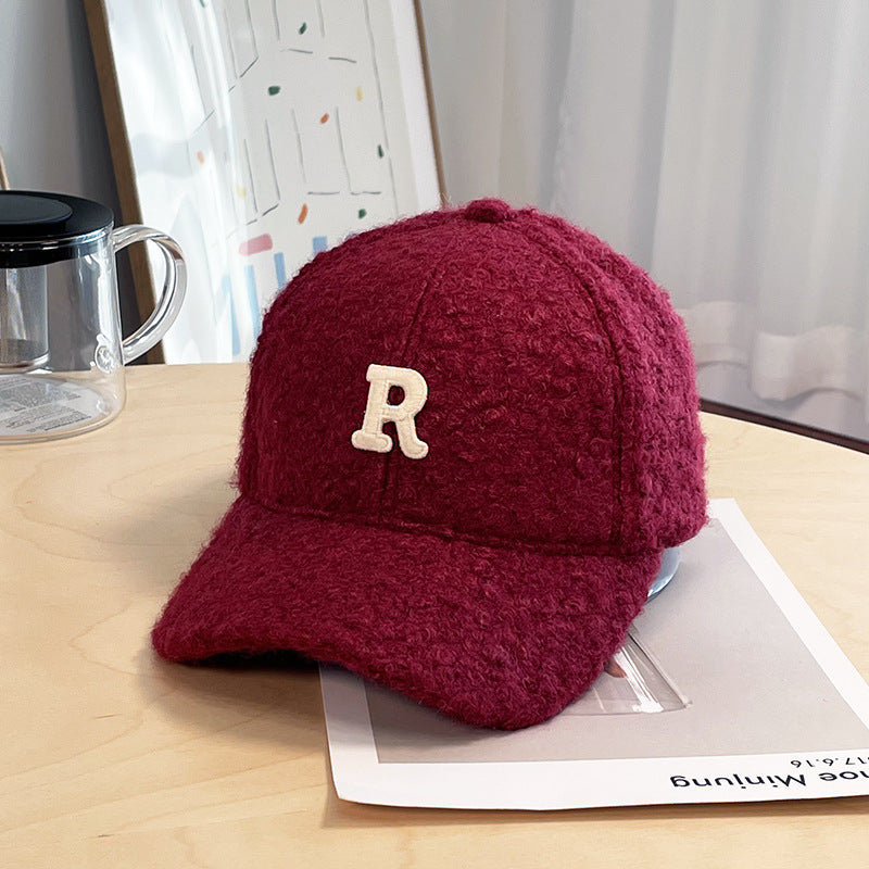 Winter Thick Lambskin Furry Large R Letter Baseball Cap