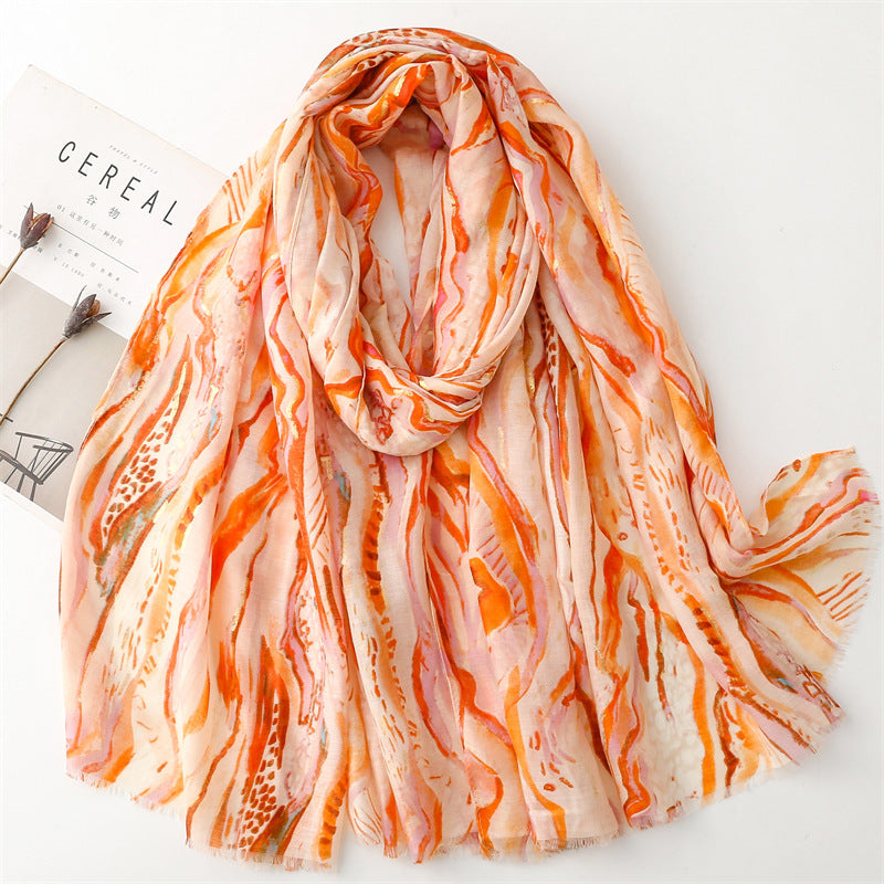 Cotton And Linen Feel Scarf Bronzing Flowing Landscape Scarf