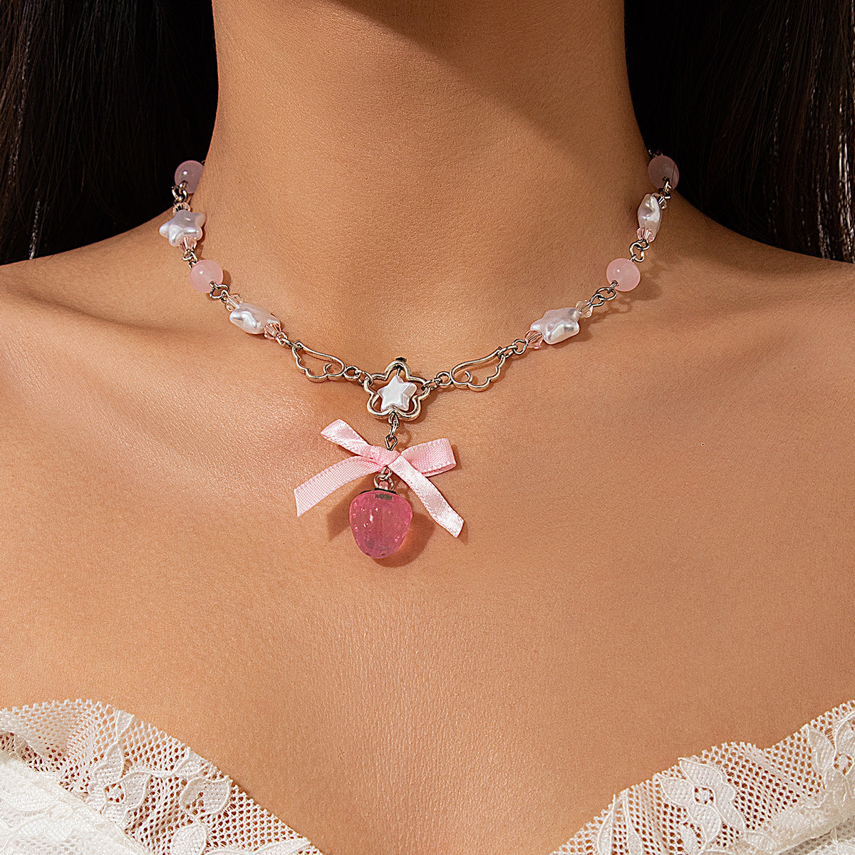 Acrylic Strawberry Fashion Necklace Pearl