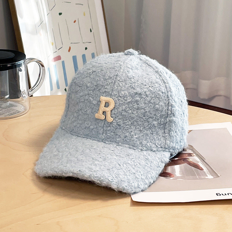 Winter Thick Lambskin Furry Large R Letter Baseball Cap